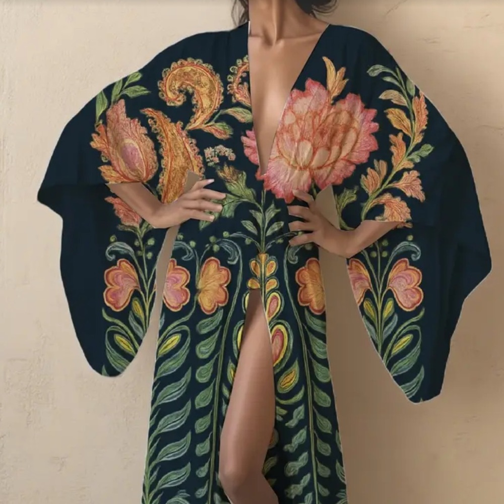 Bohemian Floral Kimono Maxi Dress - Black with Pink & Green - Picture 8 of 9